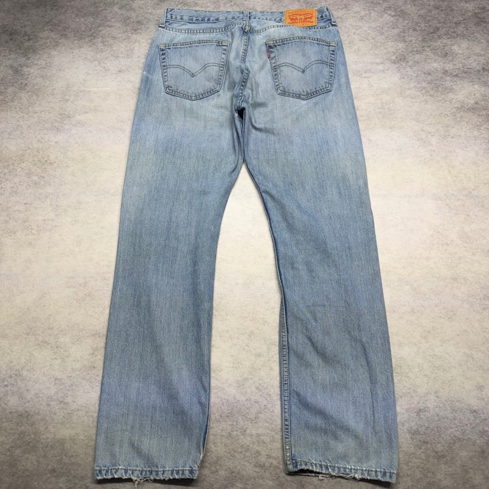 Levis 505 Regular Fit Mens 34x32 Light Wash Distressed Straight Leg Denim Jeans - Picture 5 of 14